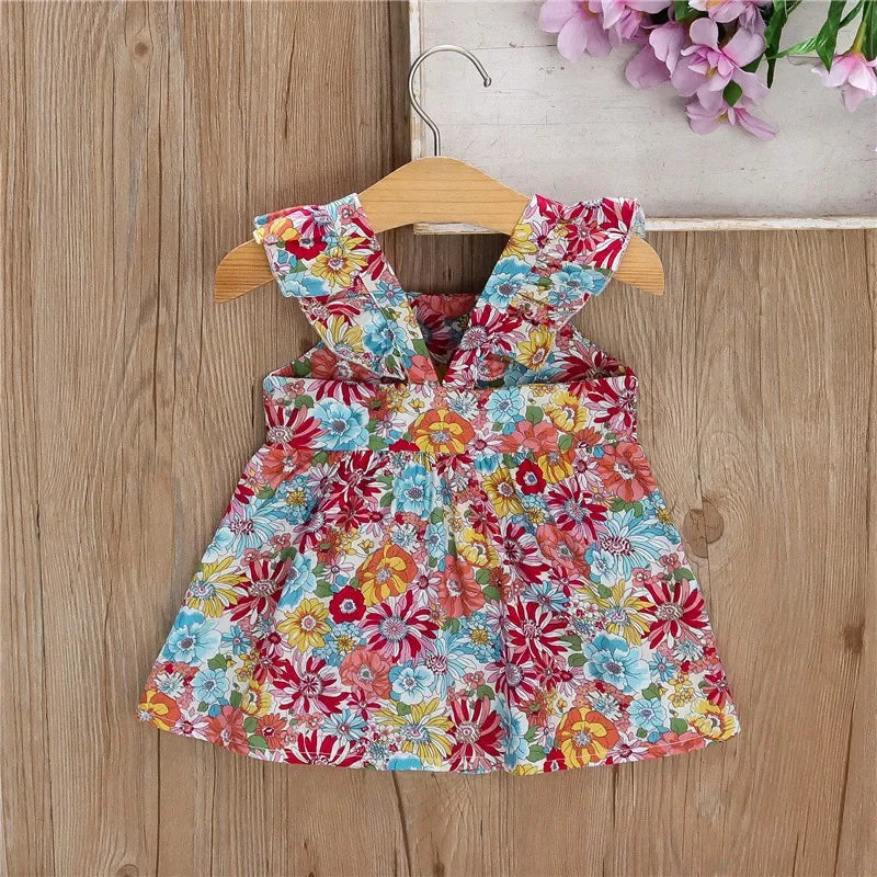 (Girls 0-3 years old)New Summer Girls Dress Halter Small Flying Sleeve Ruffled Flowers Full Print + Crossbody Bag A-line Dress