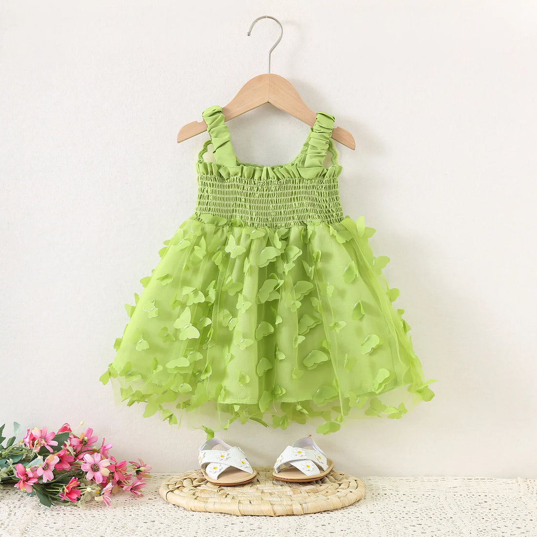 Girl Kid's Dress Summer Butterfly Pattern Solid Color Halter Puffy Baby Girl Dress Cute Gorgeous Baby Clothes Girl