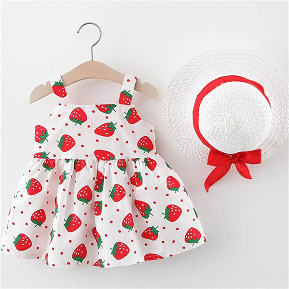 New Summer Baby Girls Dress + Hat Big Bow Ribbon Halter Strawberry Polka Dot Full Print Sweet Princess Dress Birthday Party Team